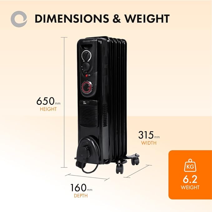 Devola 1500W Oil Filled Radiator (Black) - DVSOR5F15B, Image 3 of 7