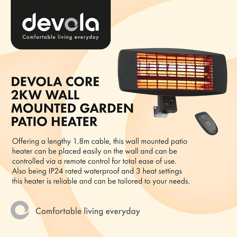Devola Core 2kW Wall Mounted Patio Heater Square with Remote - DVSPH20WMB, Image 2 of 9